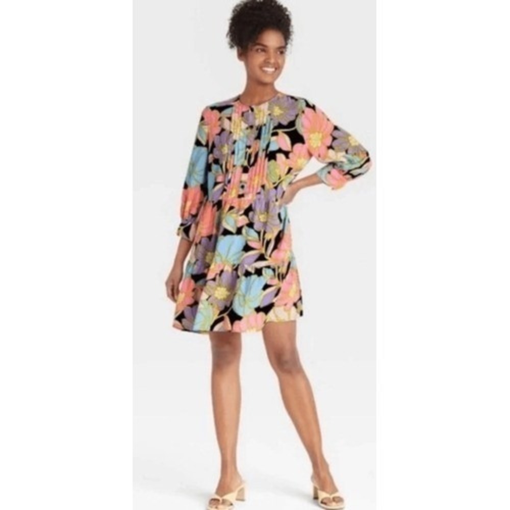 WHO WHAT WEAR Floral Print Tiered Ruffle Dress Black Pink Blue Yellow Size‎ L